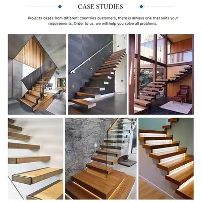 Scala galleggiante in legno di beech su misura con ringhiera di vetro e luci a LED finitura satinata